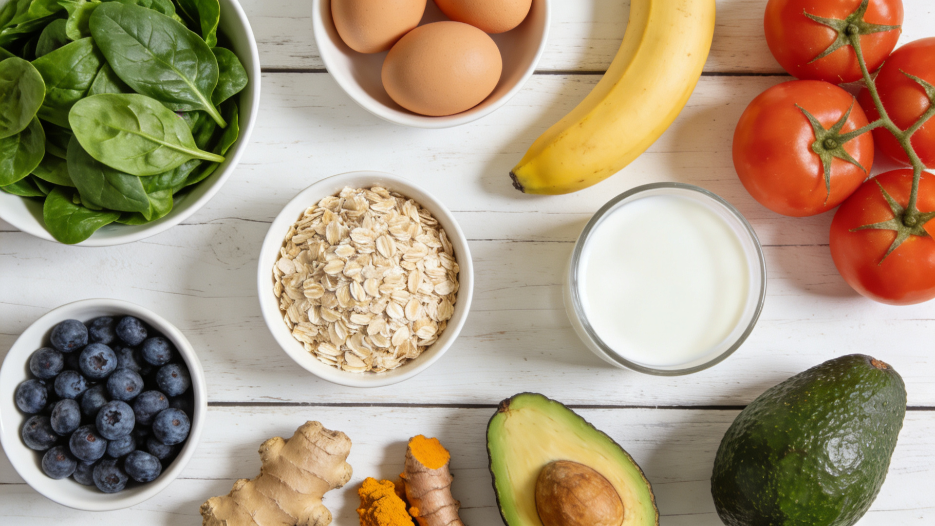 Fresh healthy ingredients on a wooden table with natural lighting