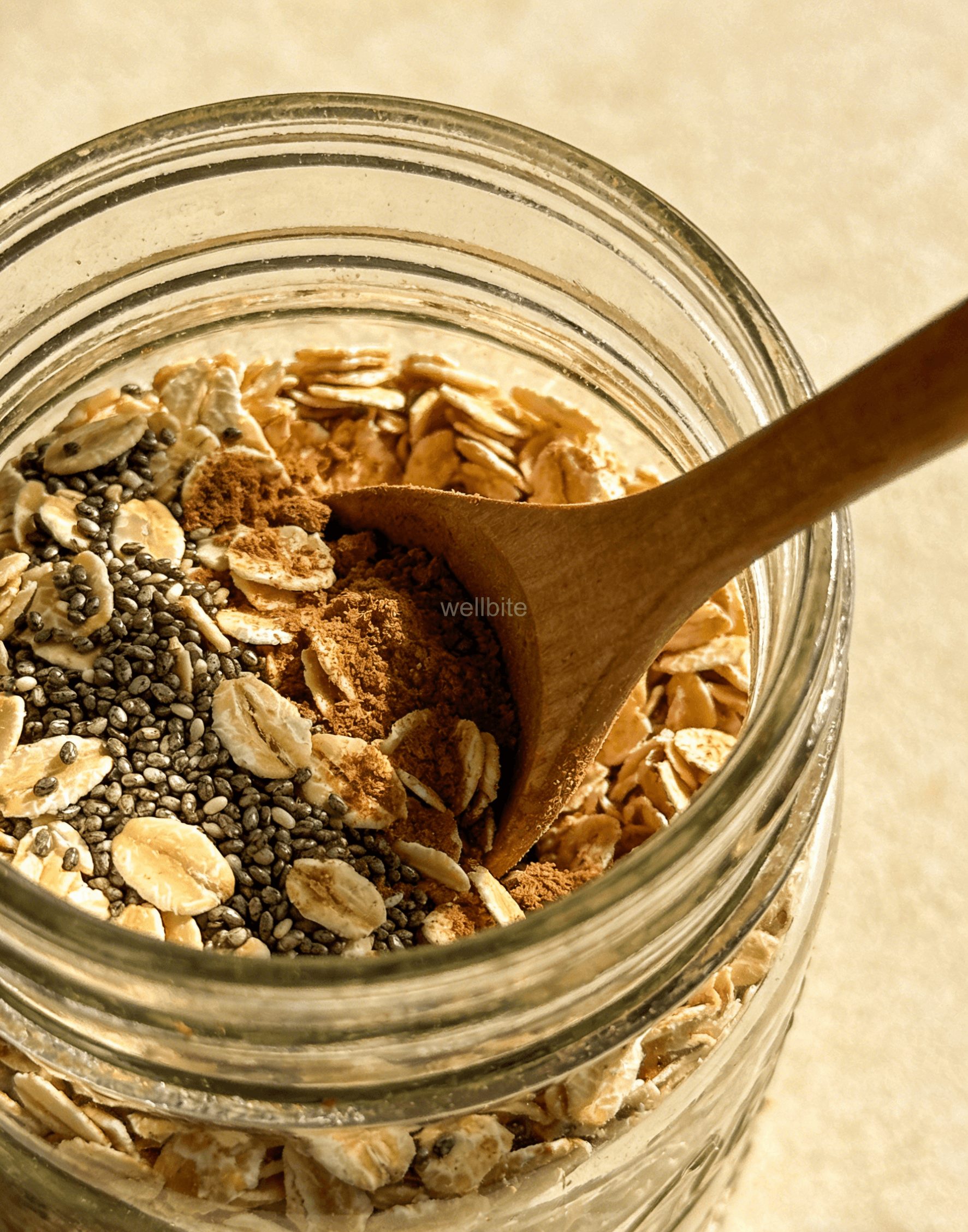 Mixing dry oats, chia seeds, and cinnamon in a jar