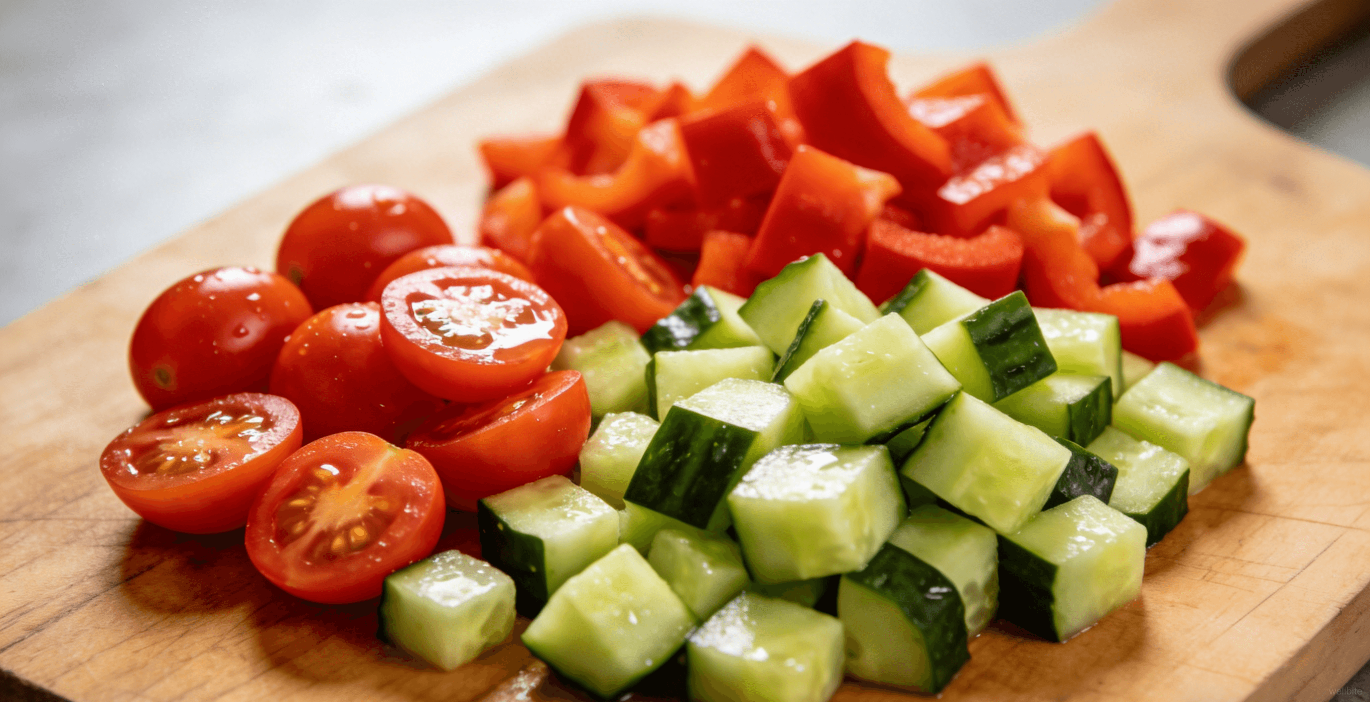 Freshly diced cucumber, halved cherry tomatoes, and diced red bell pepper on a cutting board