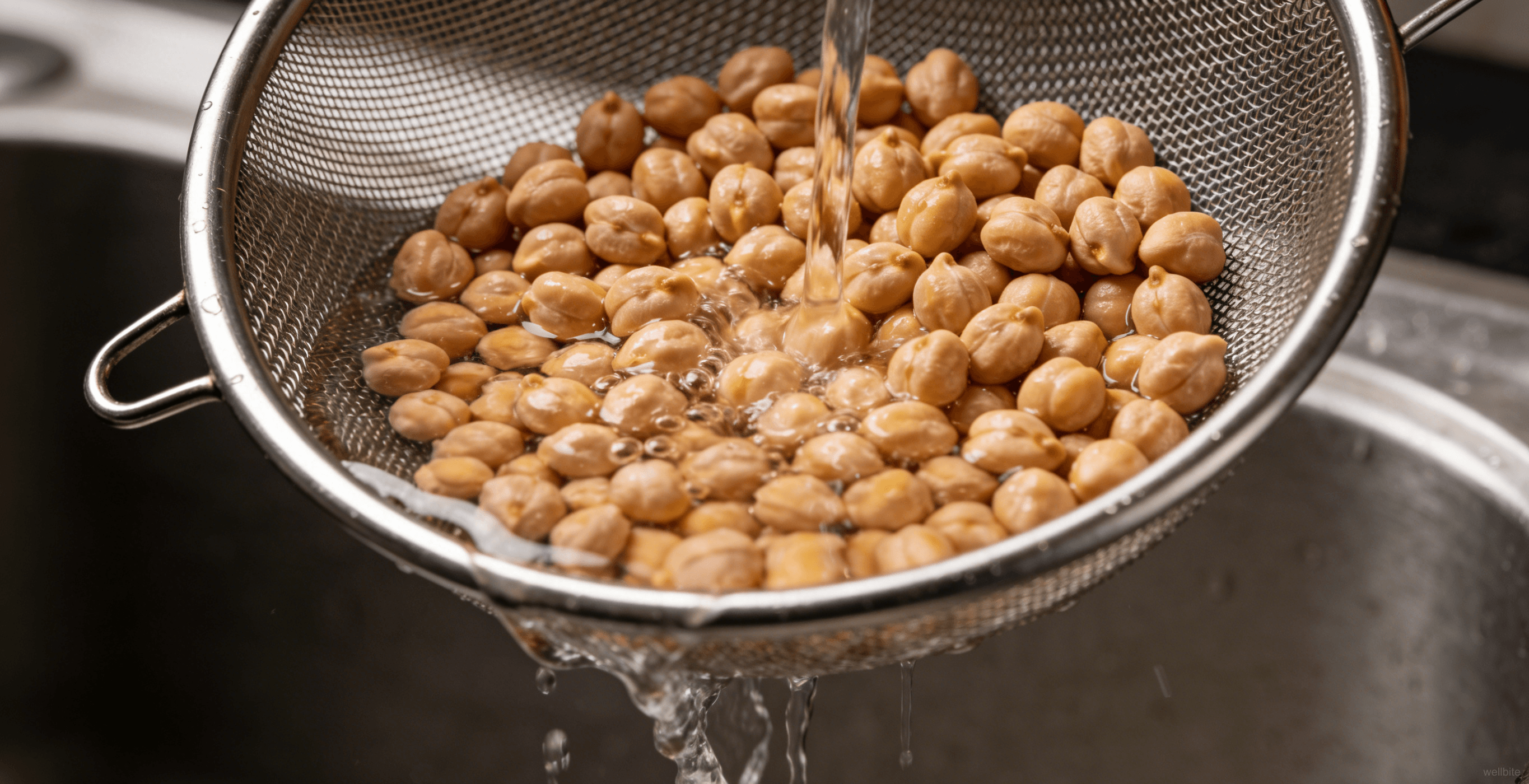 Rinsing chickpeas under water in a colander