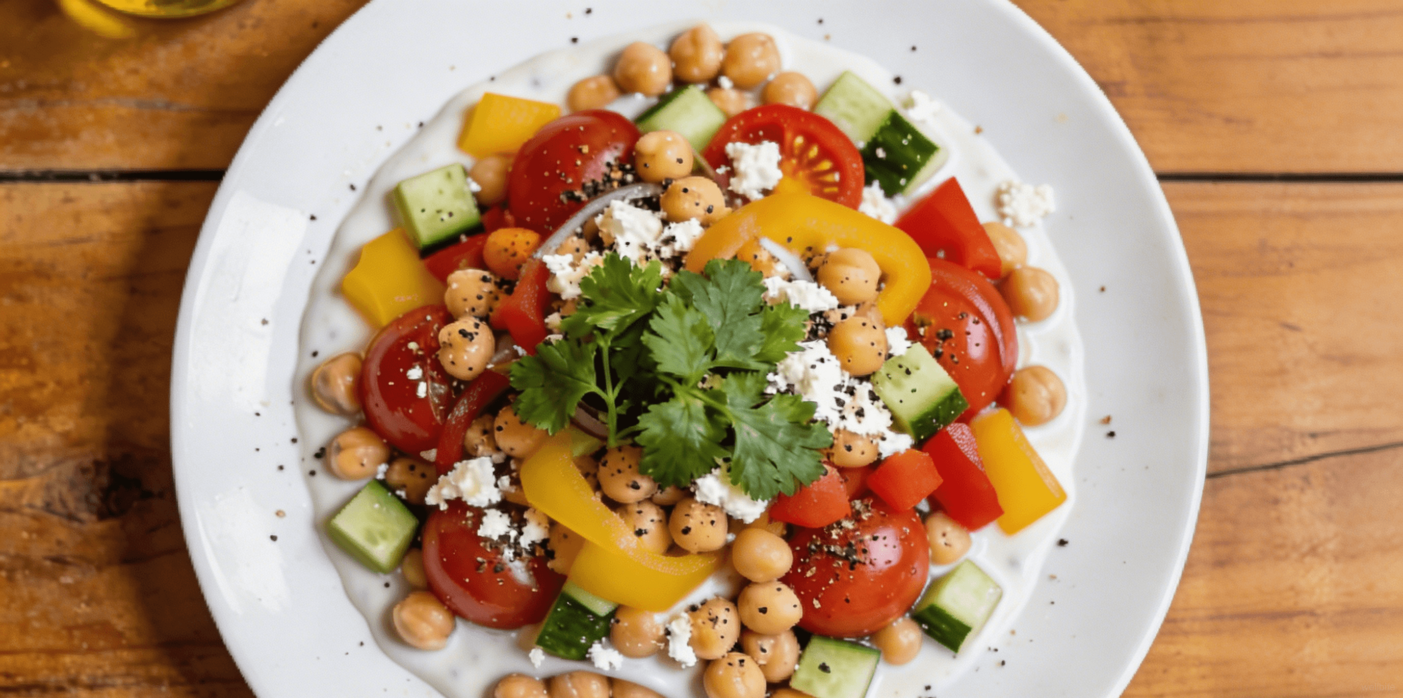 Finished Mediterranean chickpea salad beautifully plated, ready to serve