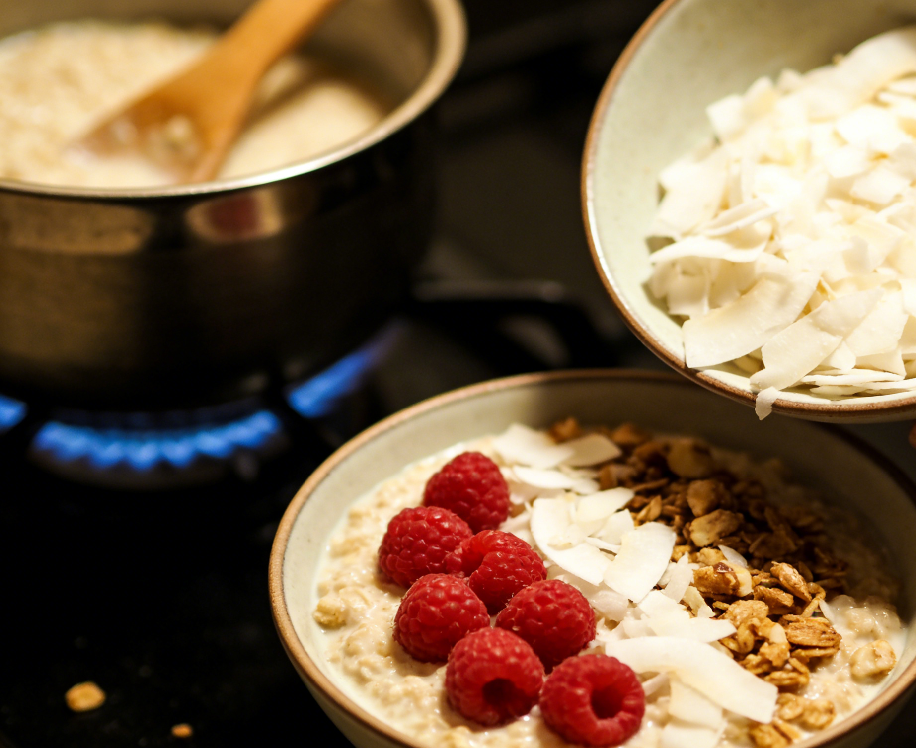 Oatmeal topped with berries and coconut